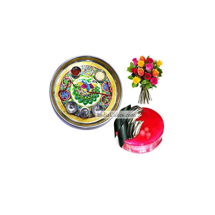 Golden Thali With Green Design And Half Kg Eggless Strawberry Cake And 10 Mix Roses Bunch Golden Thali With Green Design And Half Kg Eggless Strawberry Cake And 10 Mix Roses Bunch