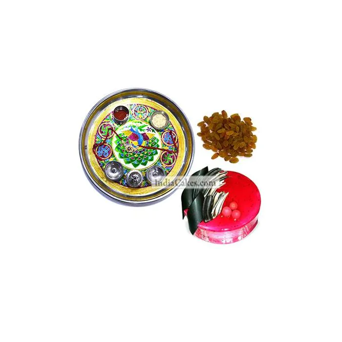 Golden Thali With Green Design And Half Kg Eggless Strawberry Cake And 250 gms Raisins Dryfruits