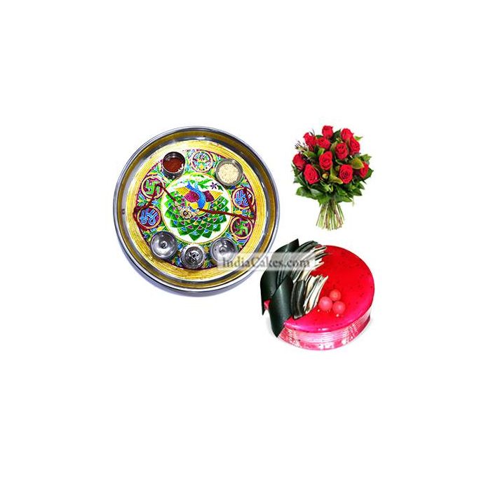 Golden Thali With Green Design And Half Kg Eggless Strawberry Cake And 10 Red Roses Bunch