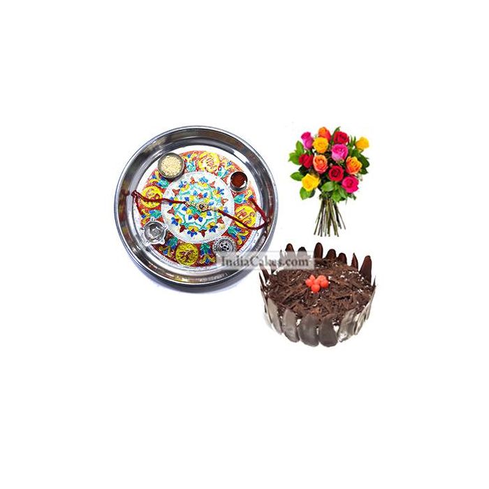 Silver Thali With Design And Half Kg Eggless Black Forest Cake And 10 Mix Roses Bunch Silver Thali With Design And Half Kg Eggless Black Forest Cake And 10 Mix Roses Bunch