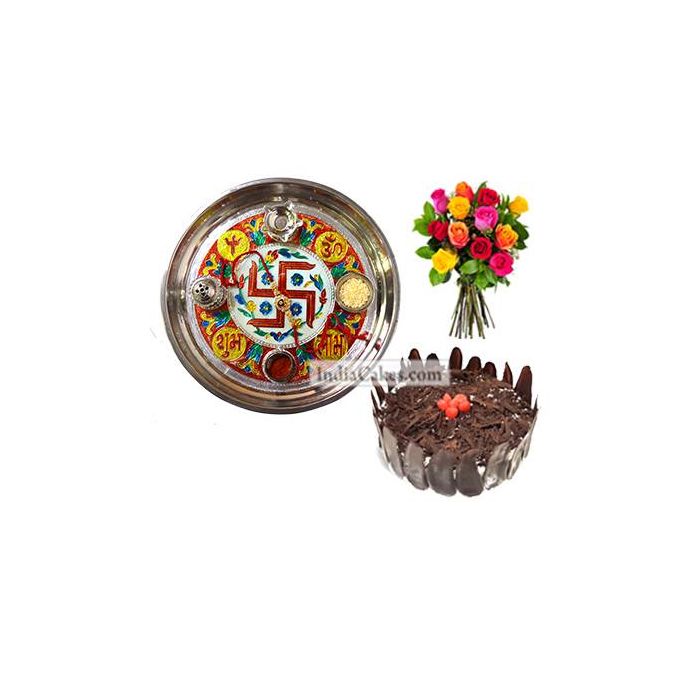 Golden Thali With Red Design And Half Kg Eggless Black Forest Cake And 10 Mix Roses Bunch Golden Thali With Red Design And Half Kg Eggless Black Forest Cake And 10 Mix Roses Bunch