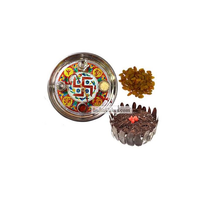 Golden Thali With Red Design And Half Kg Eggless Black Forest Cake And 250 gms Raisins Dryfruits