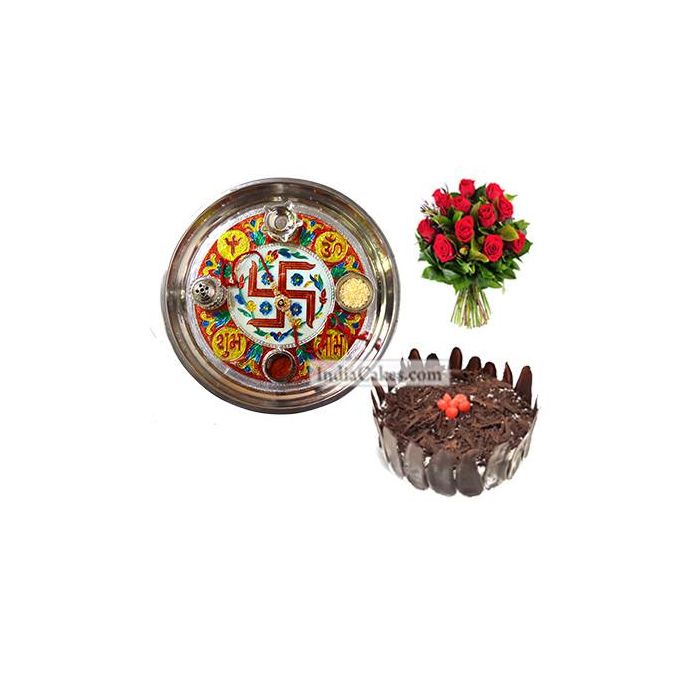 Golden Thali With Red Design And Half Kg Eggless Black Forest Cake And 10 Red Roses Bunch Golden Thali With Red Design And Half Kg Eggless Black Forest Cake And 10 Red Roses Bunch