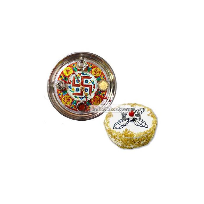 Golden Thali With Red Design And Half Kg Eggless Butterscotch Cake Golden Thali With Red Design And Half Kg Eggless Butterscotch Cake
