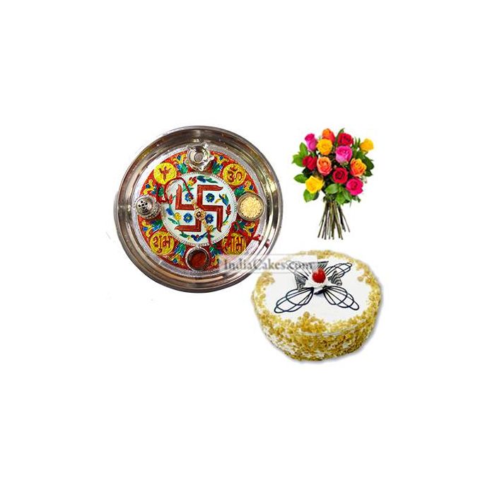 Golden Thali With Red Design And Half Kg Eggless Butterscotch Cake And 10 Mix Roses Bunch Golden Thali With Red Design And Half Kg Eggless Butterscotch Cake And 10 Mix Roses Bunch