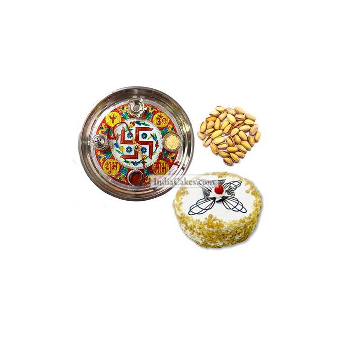 Golden Thali With Red Design And Half Kg Eggless Butterscotch Cake And 250 gms Pista Dryfruits Golden Thali With Red Design And Half Kg Eggless Butterscotch Cake And 250 gms Pista Dryfruits
