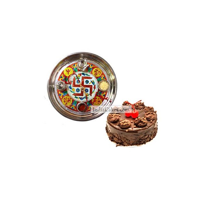 Golden Thali With Red Design And Half Kg Eggless Chocolate Truffle Cake Golden Thali With Red Design And Half Kg Eggless Chocolate Truffle Cake