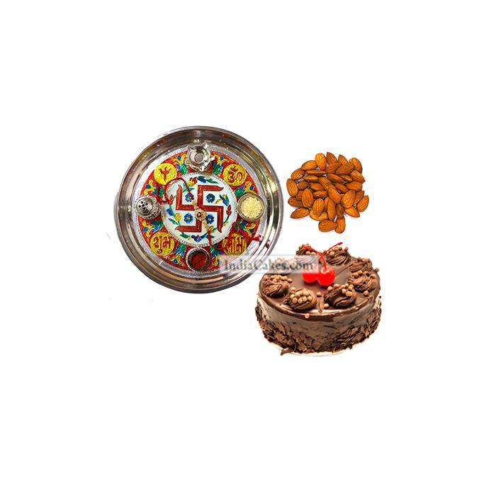 Golden Thali With Red Design And Half Kg Eggless Chocolate Truffle Cake And 250 gms Almond Dryfruits