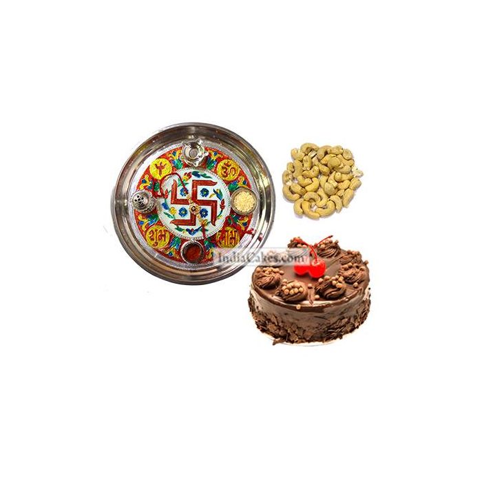 Golden Thali With Red Design And Half Kg Eggless Chocolate Truffle Cake And 250 gms Cashew Dryfruits