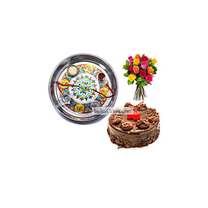 Silver Thali With Design And Half Kg Eggless Chocolate Truffle Cake And 10 Mix Roses Bunch Silver Thali With Design And Half Kg Eggless Chocolate Truffle Cake And 10 Mix Roses Bunch