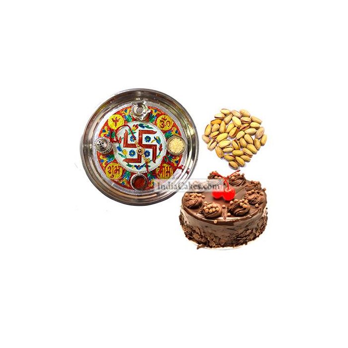 Golden Thali With Red Design And Half Kg Eggless Chocolate Truffle Cake And 250 gms Pista Dryfruits Golden Thali With Red Design And Half Kg Eggless Chocolate Truffle Cake And 250 gms Pista Dryfruits