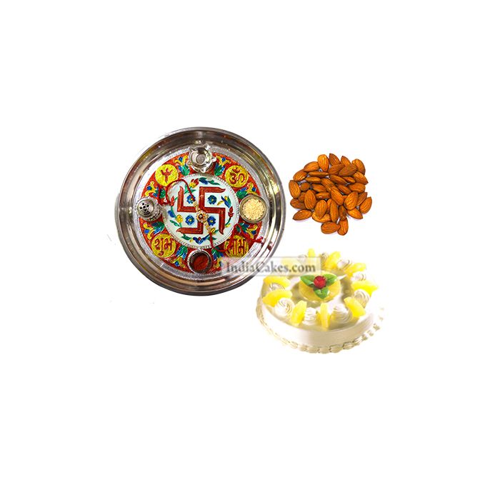 Golden Thali With Red Design And Half Kg Eggless Pineapple Cake And 250 gms Almond Dryfruits