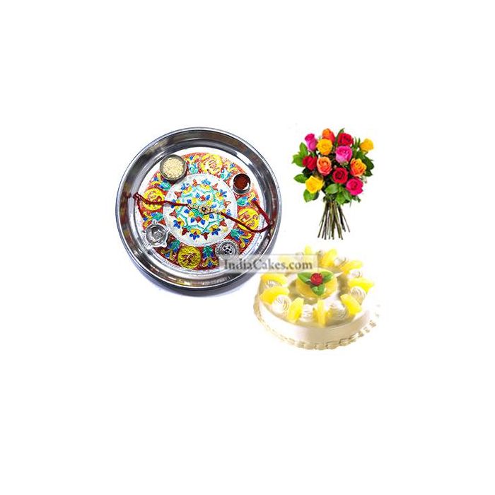 Silver Thali With Design And Half Kg Eggless Pineapple Cake And 10 Mix Roses Bunch Silver Thali With Design And Half Kg Eggless Pineapple Cake And 10 Mix Roses Bunch