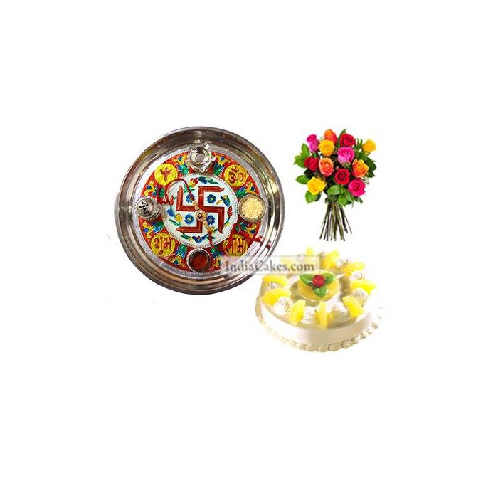 Golden Thali With Red Design And Half Kg Eggless Pineapple Cake And 10 Mix Roses Bunch Golden Thali With Red Design And Half Kg Eggless Pineapple Cake And 10 Mix Roses Bunch