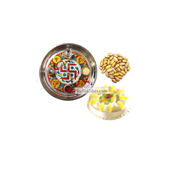Golden Thali With Red Design And Half Kg Eggless Pineapple Cake And 250 gms Pista Dryfruits