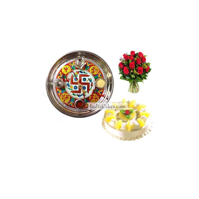 Golden Thali With Red Design And Half Kg Eggless Pineapple Cake And 10 Red Roses Bunch Golden Thali With Red Design And Half Kg Eggless Pineapple Cake And 10 Red Roses Bunch
