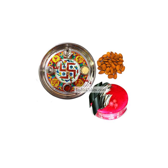 Golden Thali With Red Design And Half Kg Eggless Strawberry Cake And 250 gms Almond Dryfruits