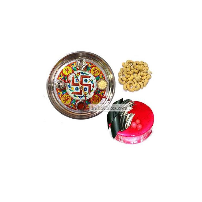 Golden Thali With Red Design And Half Kg Eggless Strawberry Cake And 250 gms Cashew Dryfruits