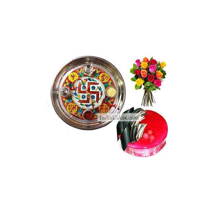 Golden Thali With Red Design And Half Kg Eggless Strawberry Cake And 10 Mix Roses Bunch Golden Thali With Red Design And Half Kg Eggless Strawberry Cake And 10 Mix Roses Bunch