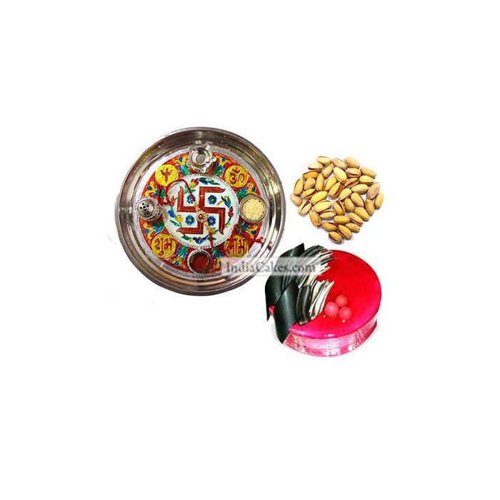 Golden Thali With Red Design And Half Kg Eggless Strawberry Cake And 250 gms Pista Dryfruits Golden Thali With Red Design And Half Kg Eggless Strawberry Cake And 250 gms Pista Dryfruits