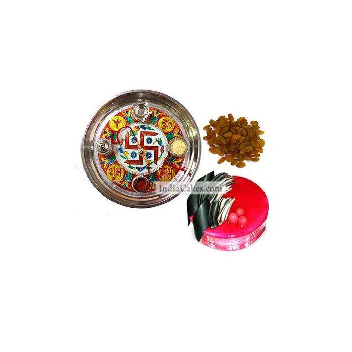 Golden Thali With Red Design And Half Kg Eggless Strawberry Cake And 250 gms Raisins Dryfruits Golden Thali With Red Design And Half Kg Eggless Strawberry Cake And 250 gms Raisins Dryfruits