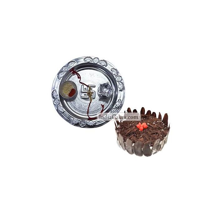 Silver Thali And Half Kg Eggless Black Forest Cake Silver Thali And Half Kg Eggless Black Forest Cake
