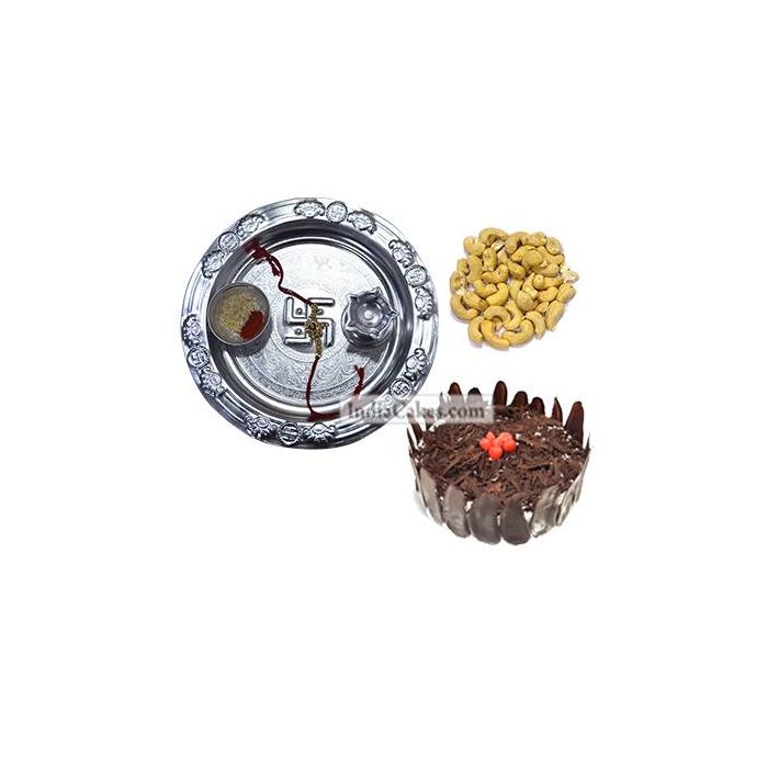 Silver Thali And Half Kg Eggless Black Forest Cake And 250 gms Cashew Dryfruits Silver Thali And Half Kg Eggless Black Forest Cake And 250 gms Cashew Dryfruits