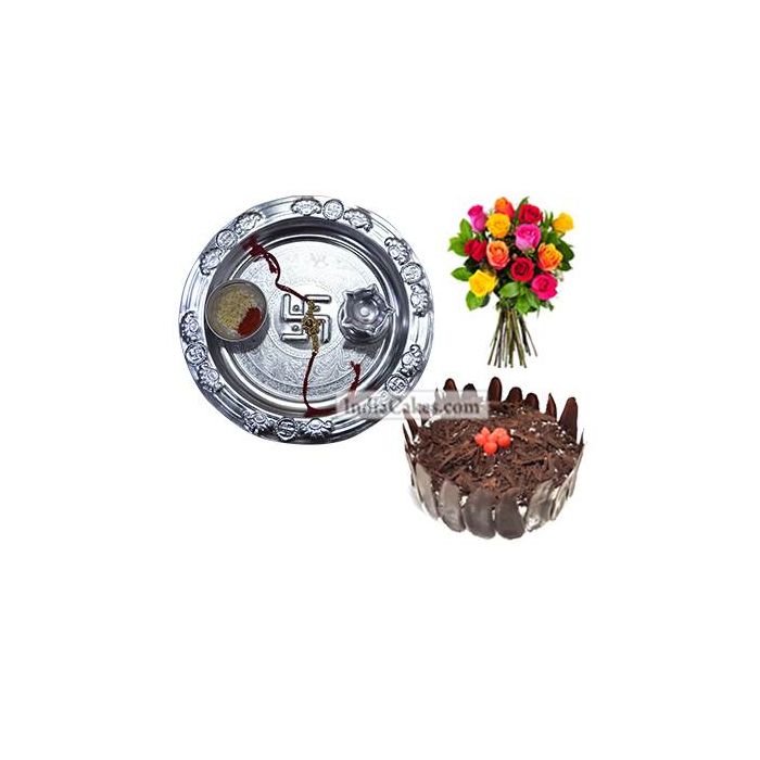 Silver Thali And Half Kg Eggless Black Forest Cake And 10 Mix Roses Bunch Silver Thali And Half Kg Eggless Black Forest Cake And 10 Mix Roses Bunch