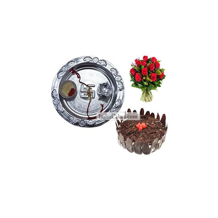 Silver Thali And Half Kg Eggless Black Forest Cake And 10 Red Roses Bunch Silver Thali And Half Kg Eggless Black Forest Cake And 10 Red Roses Bunch
