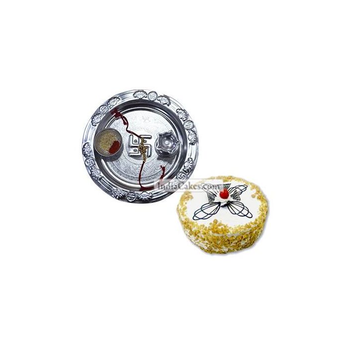 Silver Thali And Half Kg Eggless Butterscotch Cake Silver Thali And Half Kg Eggless Butterscotch Cake