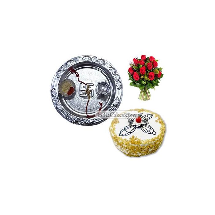 Silver Thali And Half Kg Eggless Butterscotch Cake And 10 Red Roses Bunch Silver Thali And Half Kg Eggless Butterscotch Cake And 10 Red Roses Bunch