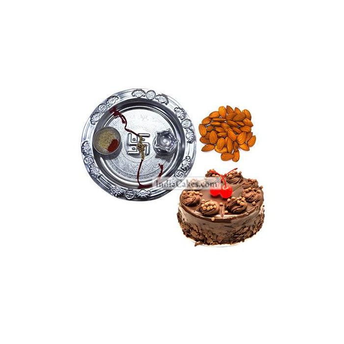 Silver Thali And Half Kg Eggless Chocolate Truffle Cake And 250 gms Almond Dryfruits Silver Thali And Half Kg Eggless Chocolate Truffle Cake And 250 gms Almond Dryfruits