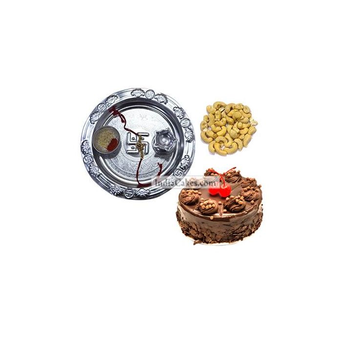 Silver Thali And Half Kg Eggless Chocolate Truffle Cake And 250 gms Cashew Dryfruits Silver Thali And Half Kg Eggless Chocolate Truffle Cake And 250 gms Cashew Dryfruits