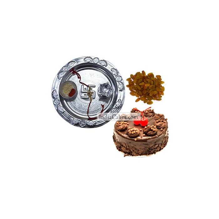 Silver Thali And Half Kg Eggless Chocolate Truffle Cake And 250 gms Raisins Dryfruits Silver Thali And Half Kg Eggless Chocolate Truffle Cake And 250 gms Raisins Dryfruits