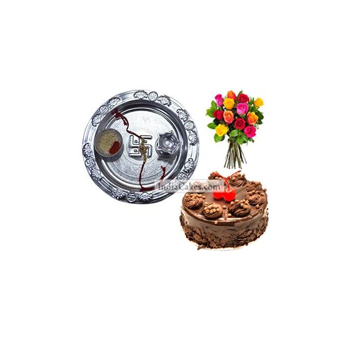 Silver Thali And Half Kg Eggless Chocolate Truffle Cake And 10 Mix Roses Bunch Silver Thali And Half Kg Eggless Chocolate Truffle Cake And 10 Mix Roses Bunch