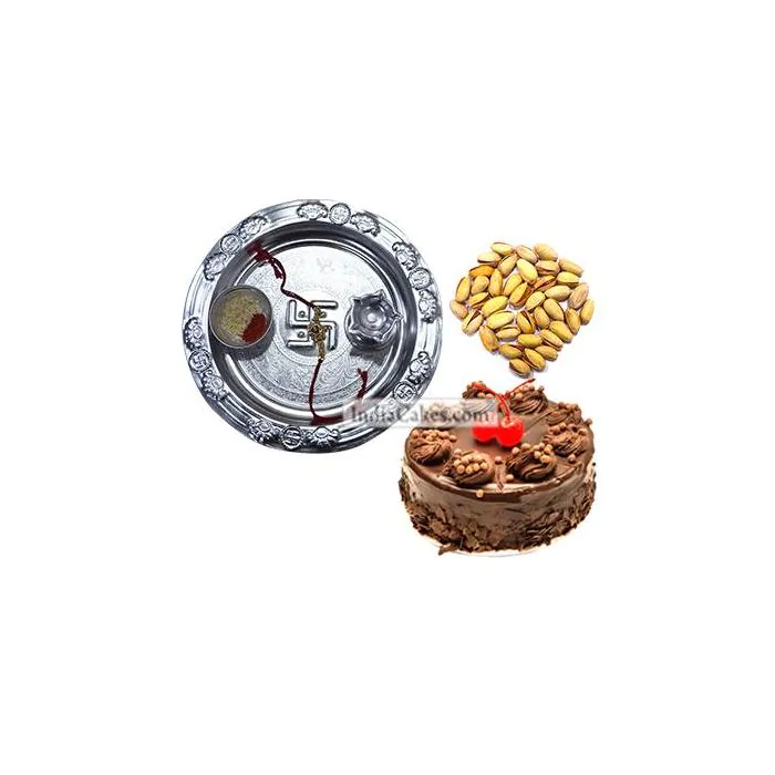Silver Thali And Half Kg Eggless Chocolate Truffle Cake And 250 gms Pista Dryfruits