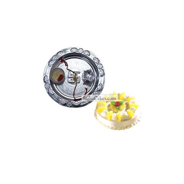 Silver Thali And Half Kg Eggless Pineapple Cake Silver Thali And Half Kg Eggless Pineapple Cake