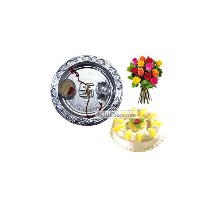 Silver Thali And Half Kg Eggless Pineapple Cake And 10 Mix Roses Bunch