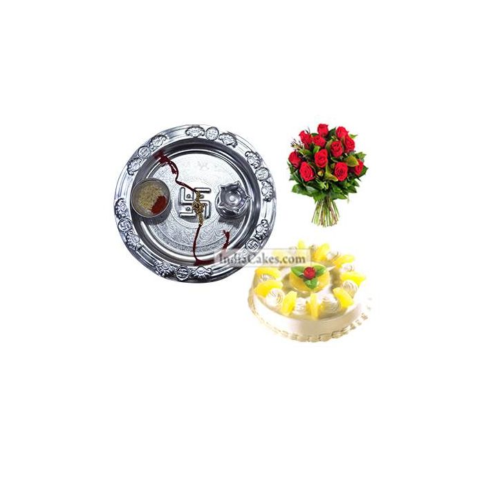 Silver Thali And Half Kg Eggless Pineapple Cake And 10 Red Roses Bunch Silver Thali And Half Kg Eggless Pineapple Cake And 10 Red Roses Bunch