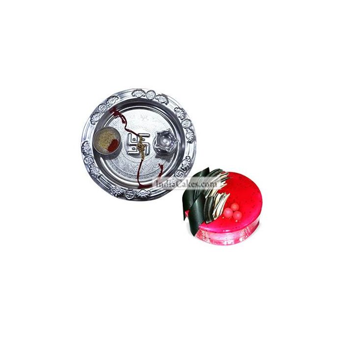 Silver Thali And Half Kg Eggless Strawberry Cake Silver Thali And Half Kg Eggless Strawberry Cake
