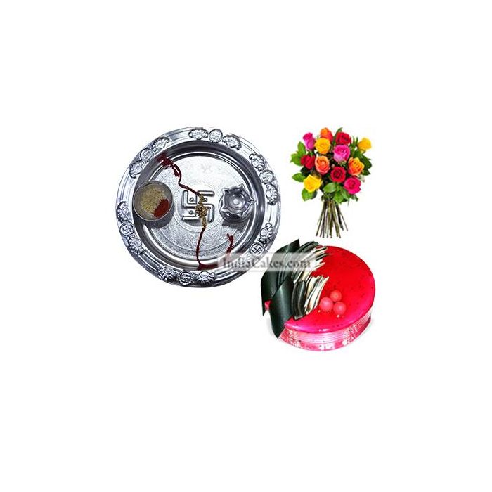 Silver Thali And Half Kg Eggless Strawberry Cake And 10 Mix Roses Bunch Silver Thali And Half Kg Eggless Strawberry Cake And 10 Mix Roses Bunch