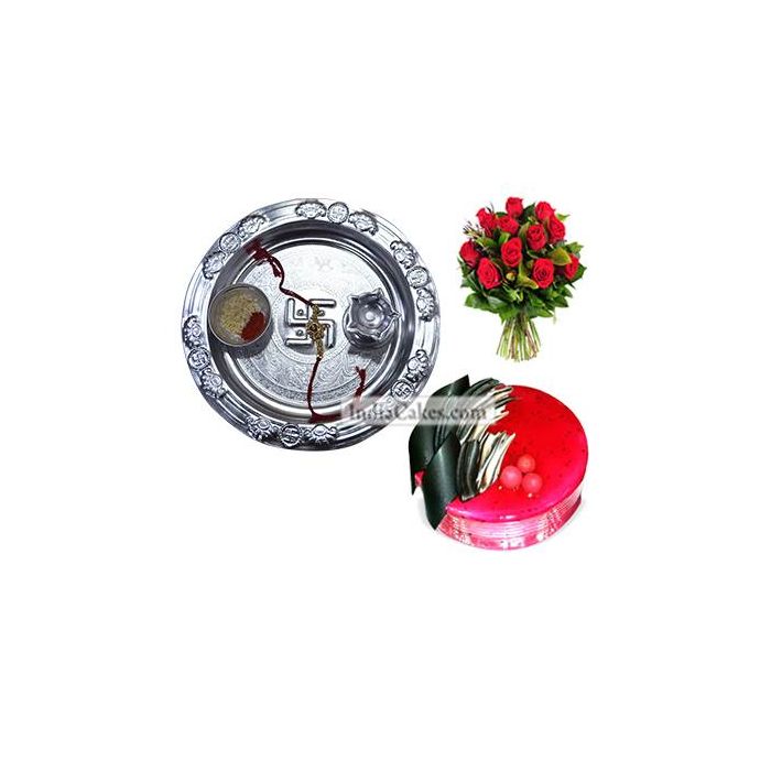 Silver Thali And Half Kg Eggless Strawberry Cake And 10 Red Roses Bunch Silver Thali And Half Kg Eggless Strawberry Cake And 10 Red Roses Bunch