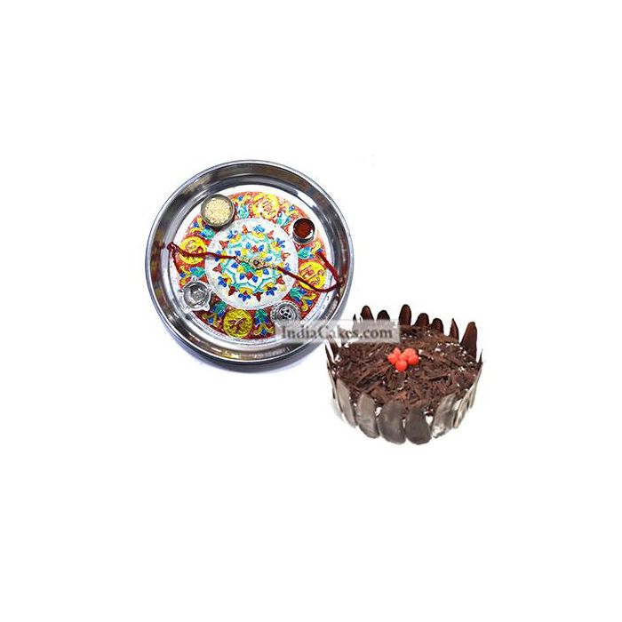 Silver Thali With Design And Half Kg Eggless Black Forest Cake Silver Thali With Design And Half Kg Eggless Black Forest Cake