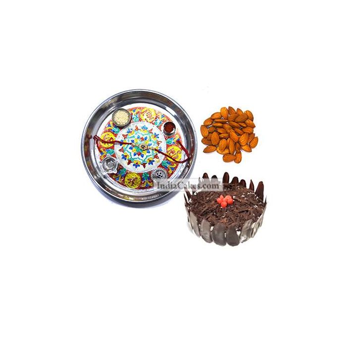 Silver Thali With Design And Half Kg Eggless Black Forest Cake And 250 gms Almond Dryfruits Silver Thali With Design And Half Kg Eggless Black Forest Cake And 250 gms Almond Dryfruits