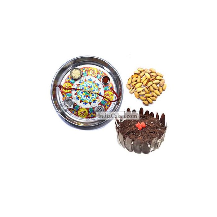Silver Thali With Design And Half Kg Eggless Black Forest Cake And 250 gms Pista Dryfruits Silver Thali With Design And Half Kg Eggless Black Forest Cake And 250 gms Pista Dryfruits