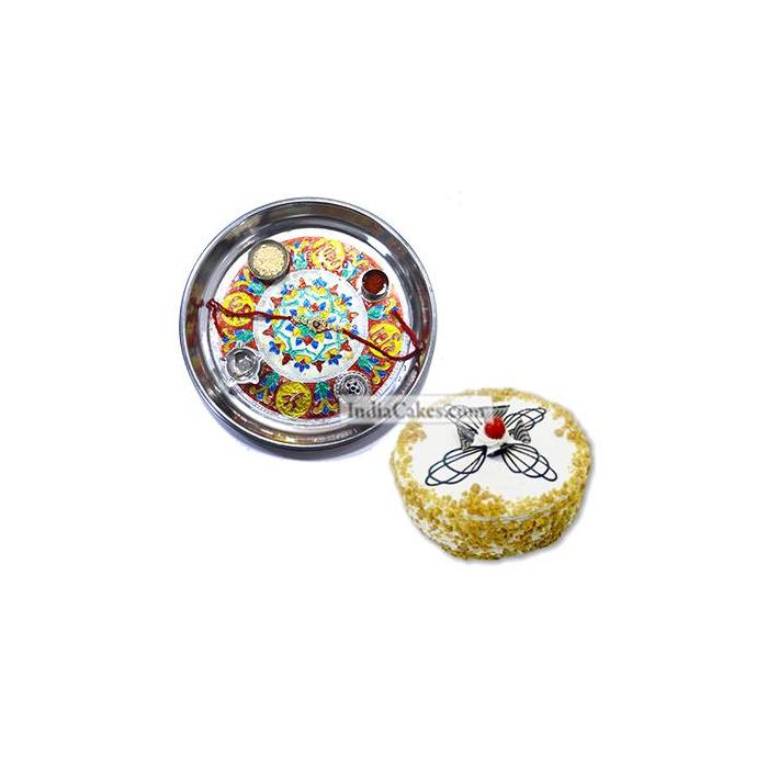 Silver Thali With Design And Half Kg Eggless Butterscotch Cake Silver Thali With Design And Half Kg Eggless Butterscotch Cake