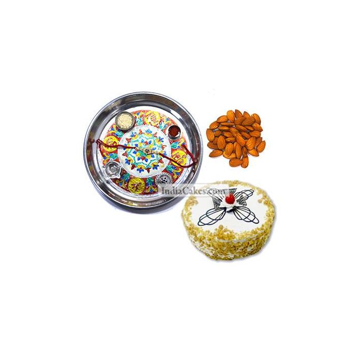 Silver Thali With Design And Half Kg Eggless Butterscotch Cake And 250 gms Almond Dryfruits