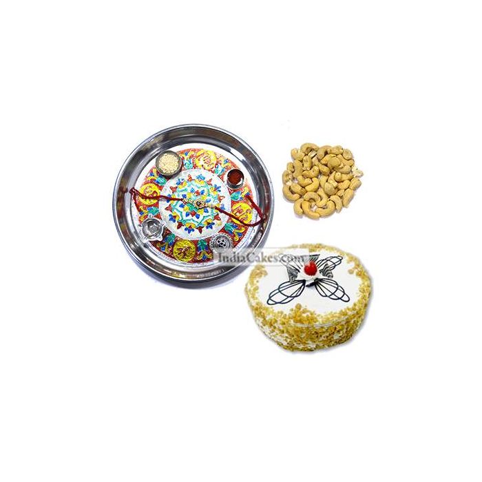 Silver Thali With Design And Half Kg Eggless Butterscotch Cake And 250 gms Cashew Dryfruits