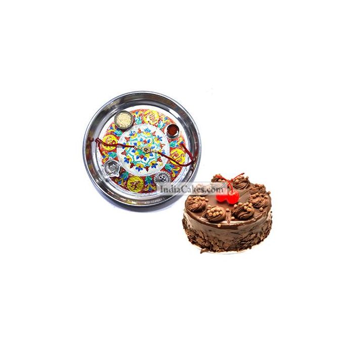 Silver Thali With Design And Half Kg Eggless Chocolate Truffle Cake Silver Thali With Design And Half Kg Eggless Chocolate Truffle Cake