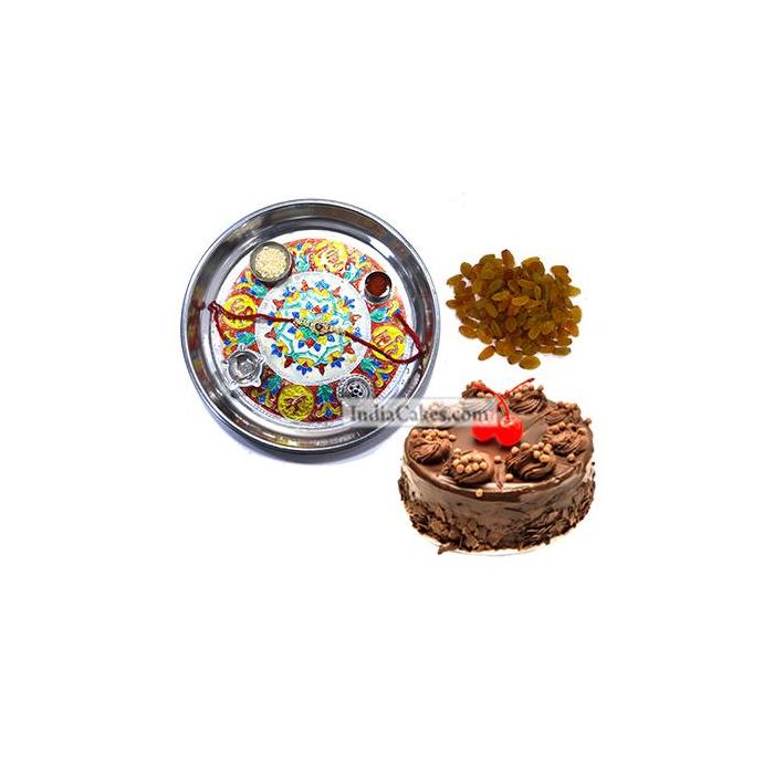 Silver Thali With Design And Half Kg Eggless Chocolate Truffle Cake And 250 gms Raisins Dryfruits Silver Thali With Design And Half Kg Eggless Chocolate Truffle Cake And 250 gms Raisins Dryfruits